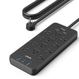 A black Anker power strip with six AC outlets and three USB ports, including two USB-A and one USB-C, designed for surge and grounded protection.