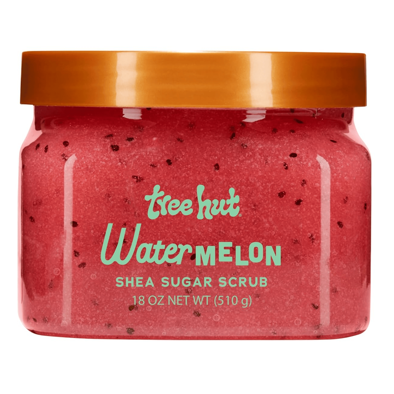 Tree Hut Watermelon Shea Sugar Scrub in a red 18 oz (510 g) jar with an orange lid.