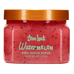 Tree Hut Watermelon Shea Sugar Scrub in a red 18 oz (510 g) jar with an orange lid.