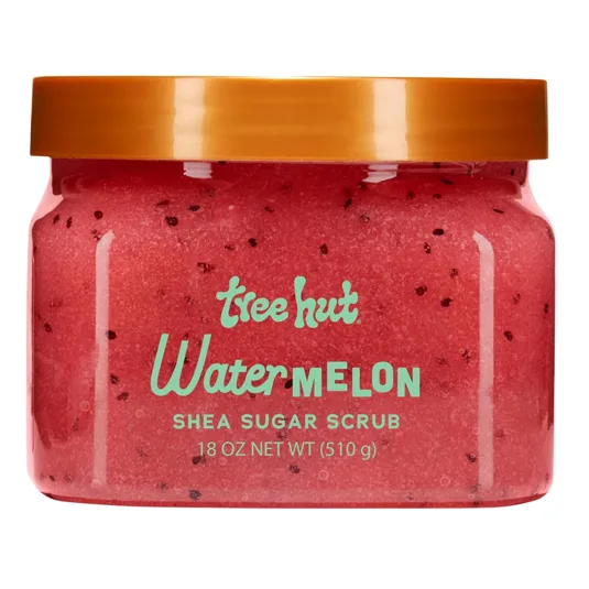 Tree Hut Watermelon Shea Sugar Scrub in a red 18 oz (510 g) jar with an orange lid.
