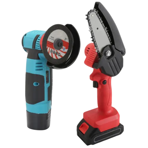 Cordless angle grinder with a cutting disc on the left and a mini cordless chainsaw with a protective guard on the right.