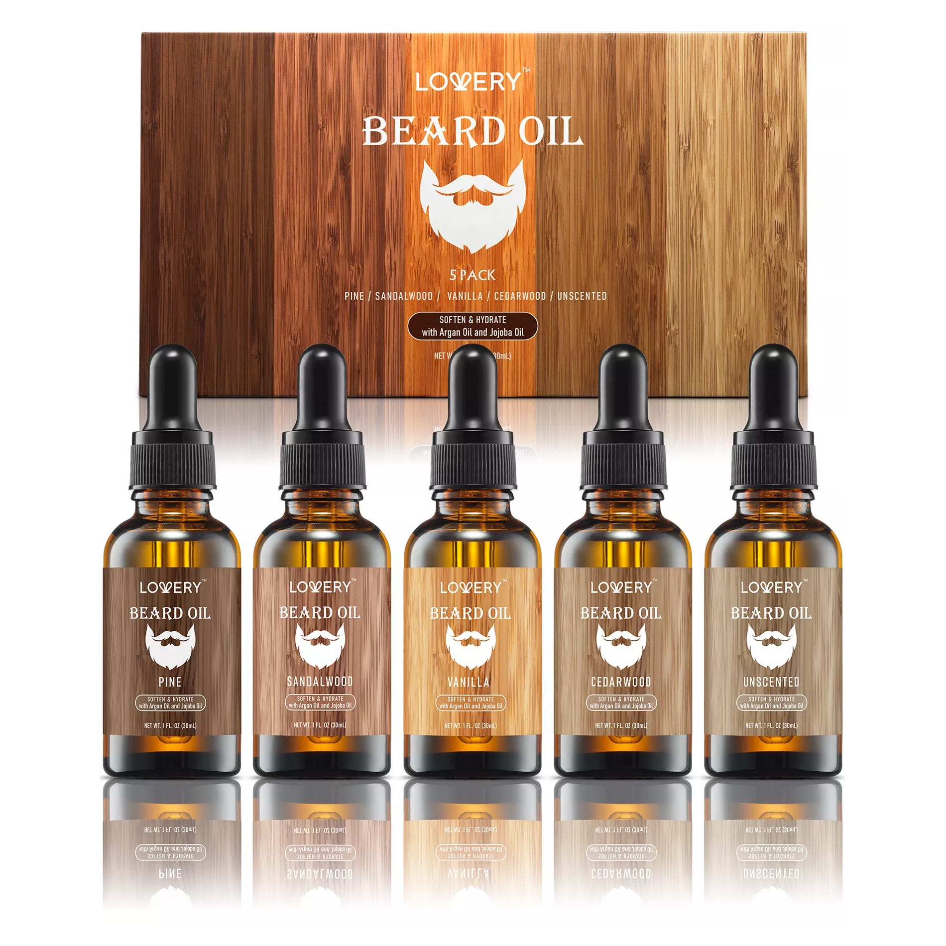 Lovery Beard Oil 5-Pack includes Pine, Sandalwood, Vanilla, Cedarwood, and Unscented varieties. Each bottle contains 1 fl. oz. (30 ml) of oil formulated with argan and jojoba oil to soften and hydrate.