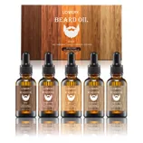 Lovery Beard Oil 5-Pack includes Pine, Sandalwood, Vanilla, Cedarwood, and Unscented varieties. Each bottle contains 1 fl. oz. (30 ml) of oil formulated with argan and jojoba oil to soften and hydrate.