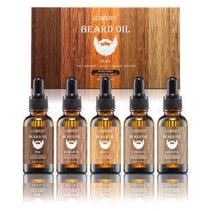 Lovery Beard Oil 5-Pack includes Pine, Sandalwood, Vanilla, Cedarwood, and Unscented varieties. Each bottle contains 1 fl. oz. (30 ml) of oil formulated with argan and jojoba oil to soften and hydrate.