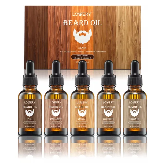 Lovery Beard Oil 5-Pack includes Pine, Sandalwood, Vanilla, Cedarwood, and Unscented varieties. Each bottle contains 1 fl. oz. (30 ml) of oil formulated with argan and jojoba oil to soften and hydrate.