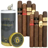 A collection of cigars displayed alongside a decorative tin labeled \“1972 Ministry of Samplers.\“ The set includes different brands like Rocky Patel and Oliva, and features packaging marked as a limited release.