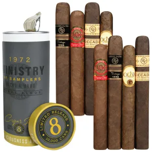 A collection of cigars displayed alongside a decorative tin labeled \“1972 Ministry of Samplers.\“ The set includes different brands like Rocky Patel and Oliva, and features packaging marked as a limited release.
