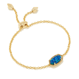 A gold chain bracelet featuring an adjustable sliding closure and a rectangular blue birthstone set in a delicate gold bezel.
