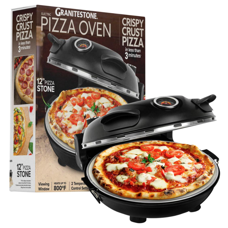 Granitestone electric pizza oven with a 12\“ pizza stone, designed to make crispy crust pizza in less than 3 minutes, and heats up to 800°F.
