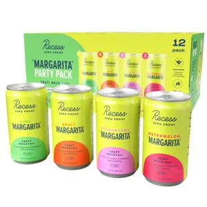 Recess Zero Proof \“Margarita\“ Party Pack includes 12 cans of craft mocktails with flavors like Lime, Spicy, Strawberry, and Watermelon. Each can contains adaptogens and is slightly sparkling.