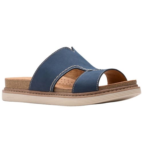Blue slip-on sandal with wide straps, contrast stitching, and an open toe design, featuring a cushioned cork footbed and a durable sole.