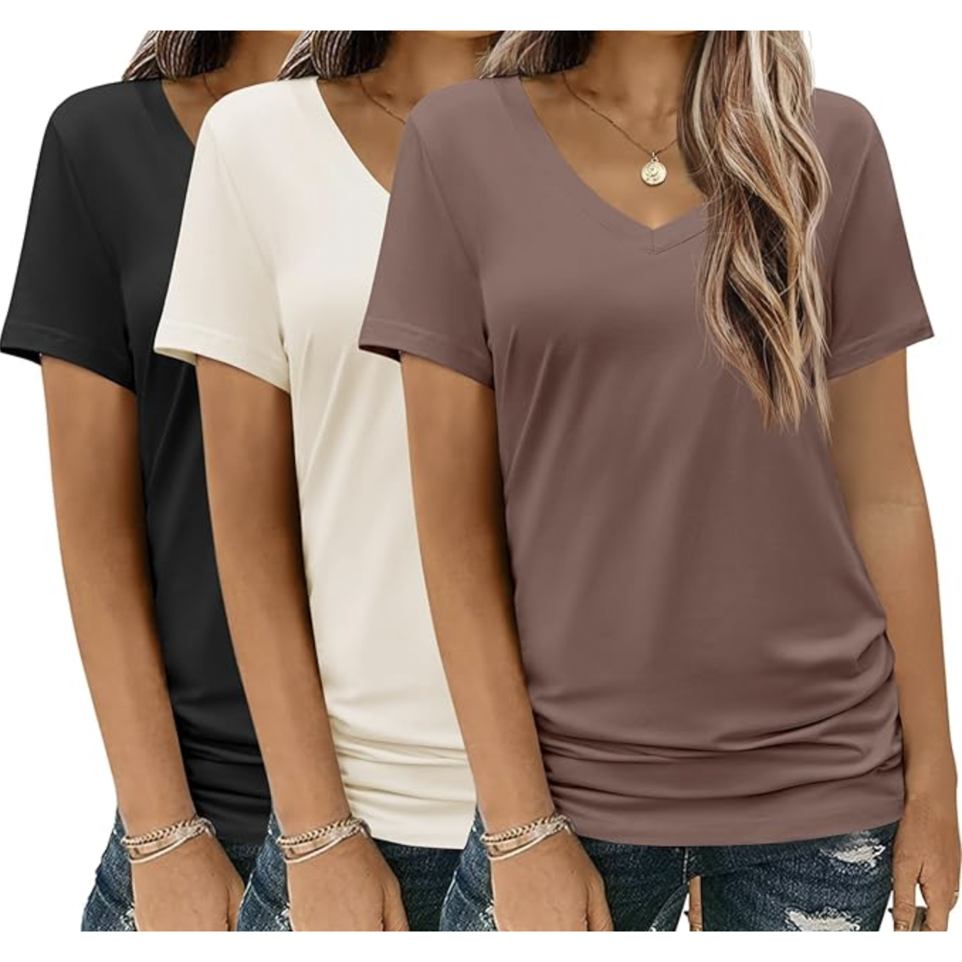 Three women wearing different colored V-neck T-shirts—black, cream, and brown—paired with distressed jeans and bracelets.