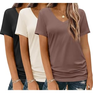 Three women wearing different colored V-neck T-shirts—black, cream, and brown—paired with distressed jeans and bracelets.