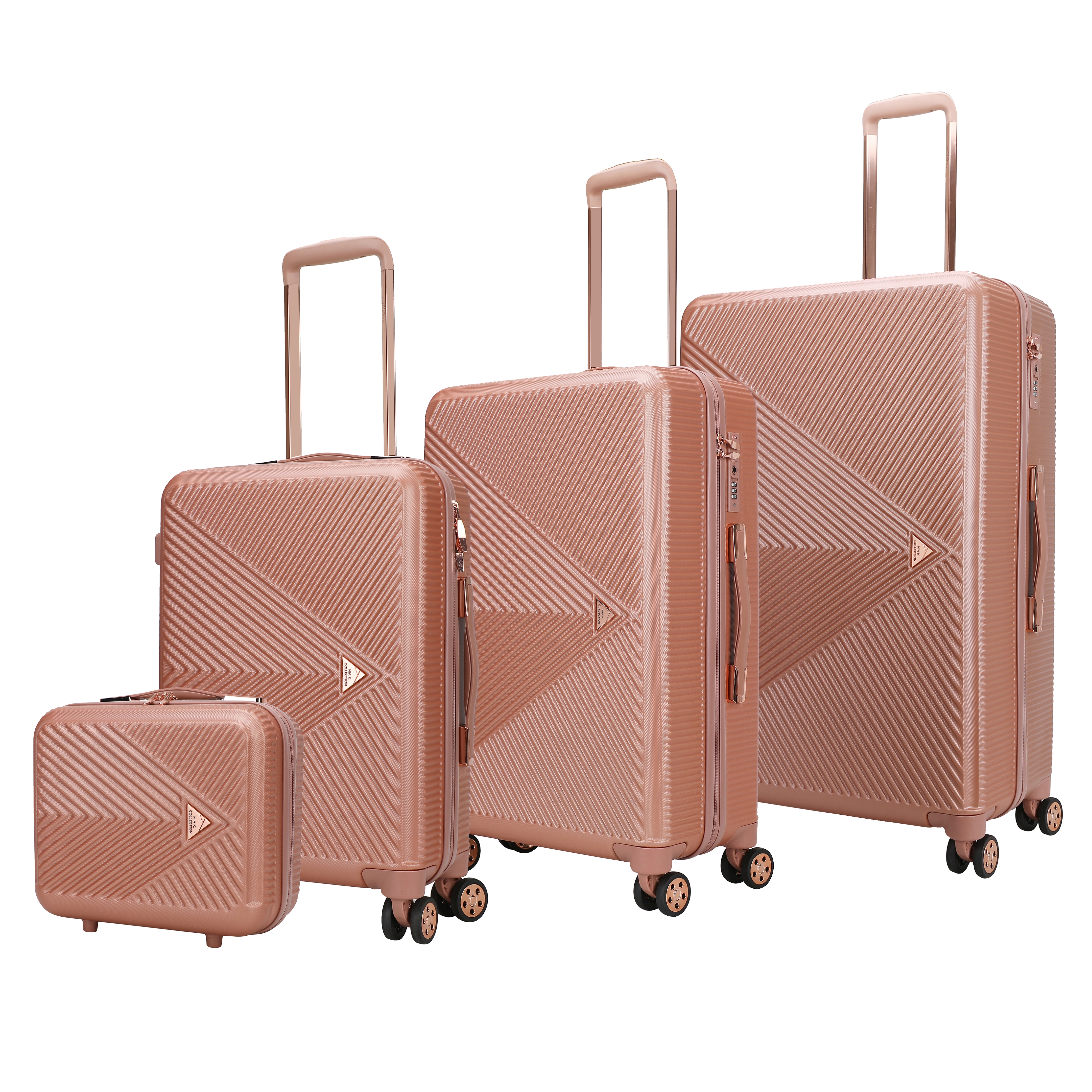 A set of four rose-gold suitcases with geometric patterns and telescopic handles, featuring smooth-rolling wheels.