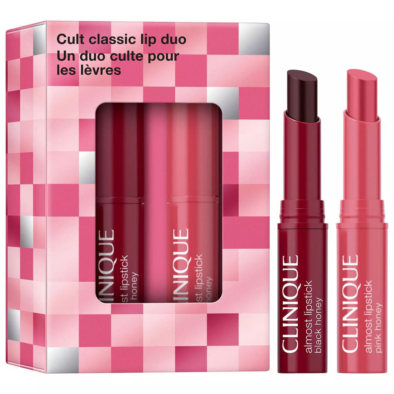 Clinique Black Honey Lip Duo includes two lipsticks: Almost Lipstick Black Honey, a deep, sheer shade, and Almost Lipstick Pink Honey, a lighter pink shade, both presented in a pink checked packaging.
