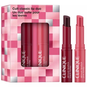 Clinique Black Honey Lip Duo includes two lipsticks: Almost Lipstick Black Honey, a deep, sheer shade, and Almost Lipstick Pink Honey, a lighter pink shade, both presented in a pink checked packaging.
