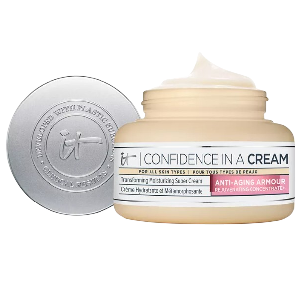 It Cosmetics Confidence in a Cream is a transforming moisturizing super cream for all skin types, featuring anti-aging properties.