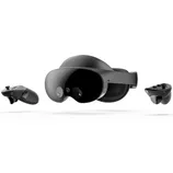 A black virtual reality headset with two matching handheld controllers.