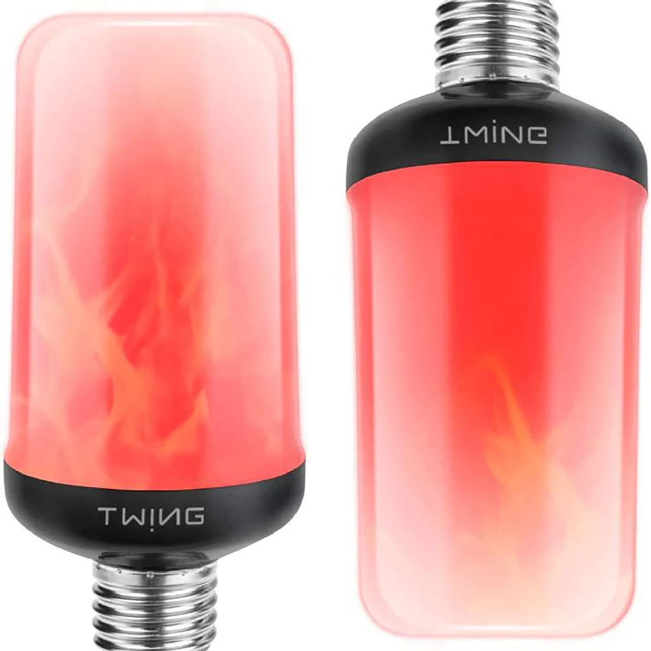 LED flame effect light bulbs with a red glow, featuring a standard screw base and rectangular shape, designed to create a flickering flame appearance.