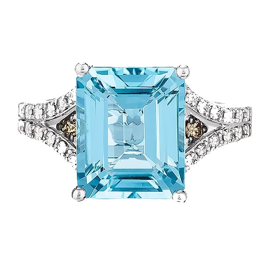 A Le Vian ring featuring a 6-carat emerald-cut blue topaz gemstone, accented with diamond embellishments on a split shank band, crafted in white gold.