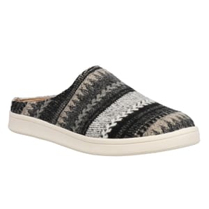 Cozy slip-on mule with a black, gray, and white knit pattern, featuring a soft sherpa lining and a white rubber sole for comfort and warmth.