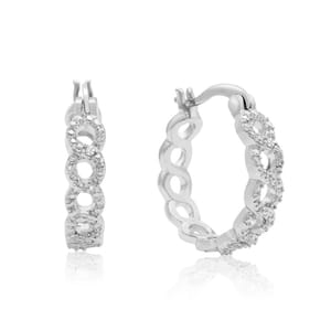 Elegant hoop earrings featuring intertwined loops of silver, each adorned with small diamonds for a sparkling effect.
