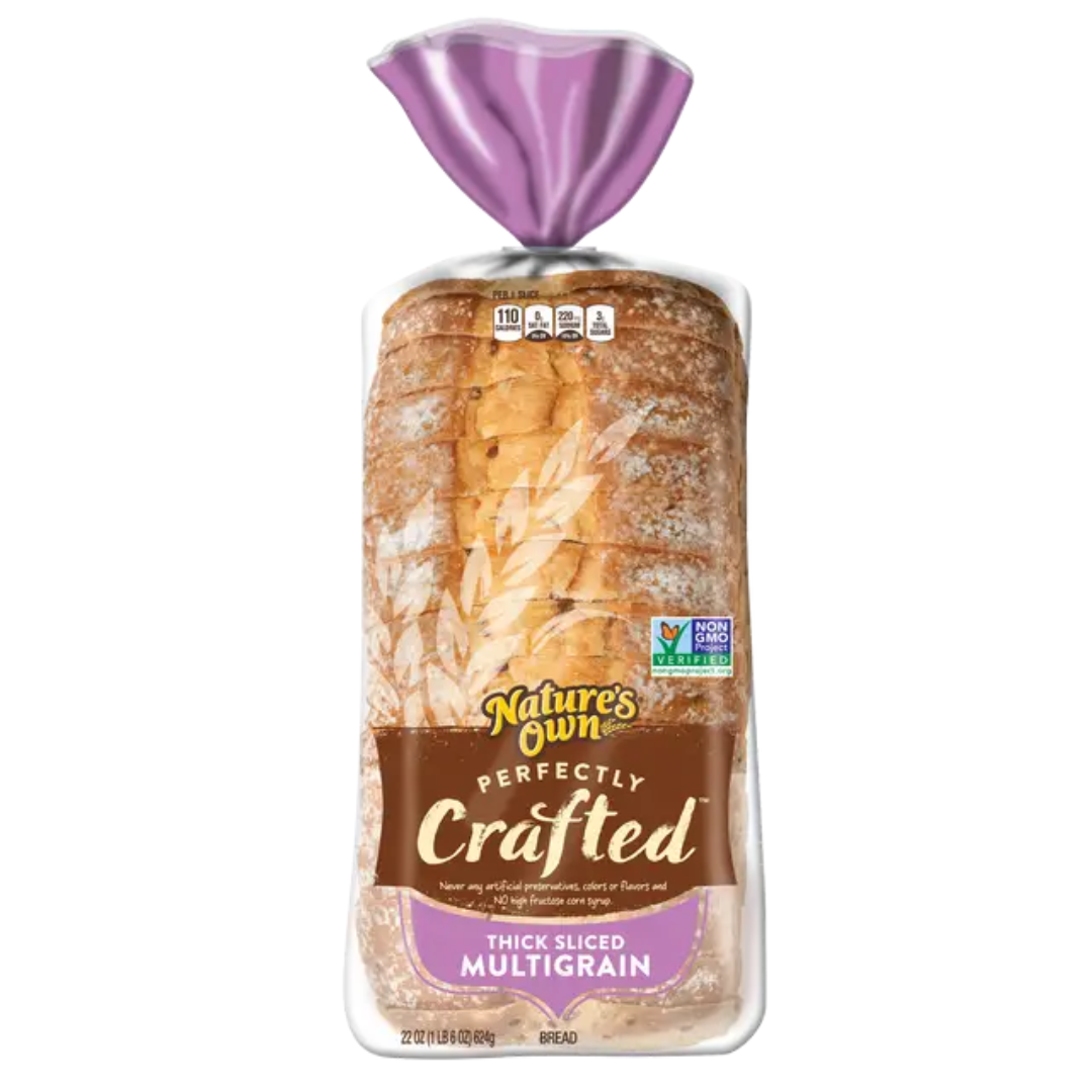 Nature's Own Perfectly Crafted thick sliced multigrain bread, 22 oz, featuring non-GMO verification and no artificial preservatives or high fructose corn syrup.