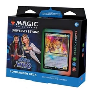 Magic: The Gathering Universes Beyond Commander Deck featuring Doctor Who, titled \“Paradox Power,\“ includes Doctors Twelve and Thirteen, and is recommended for ages 13 and up.