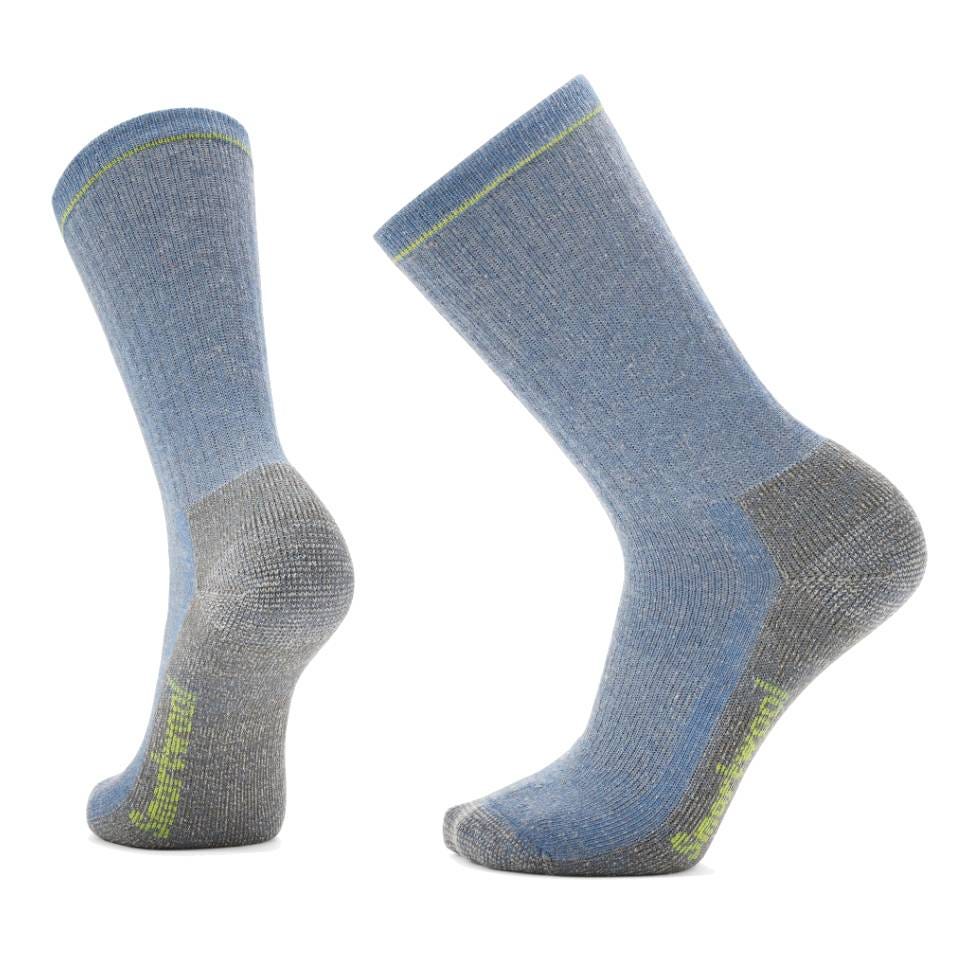 Blue and gray crew socks with reinforced heel and toe areas, featuring a subtle green accent line near the top.