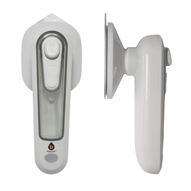 A white wall-mounted automatic soap dispenser with a transparent section for monitoring liquid levels and buttons for operation on the front.