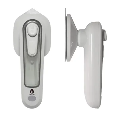 A white wall-mounted automatic soap dispenser with a transparent section for monitoring liquid levels and buttons for operation on the front.