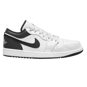 Nike Air Jordan 1 Low in a white and black colorway, featuring the signature Swoosh logo and perforated details on the toe.