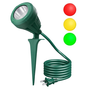 Outdoor spotlight with a green stake and long cord, featuring changeable colored lenses: red, yellow, and green.