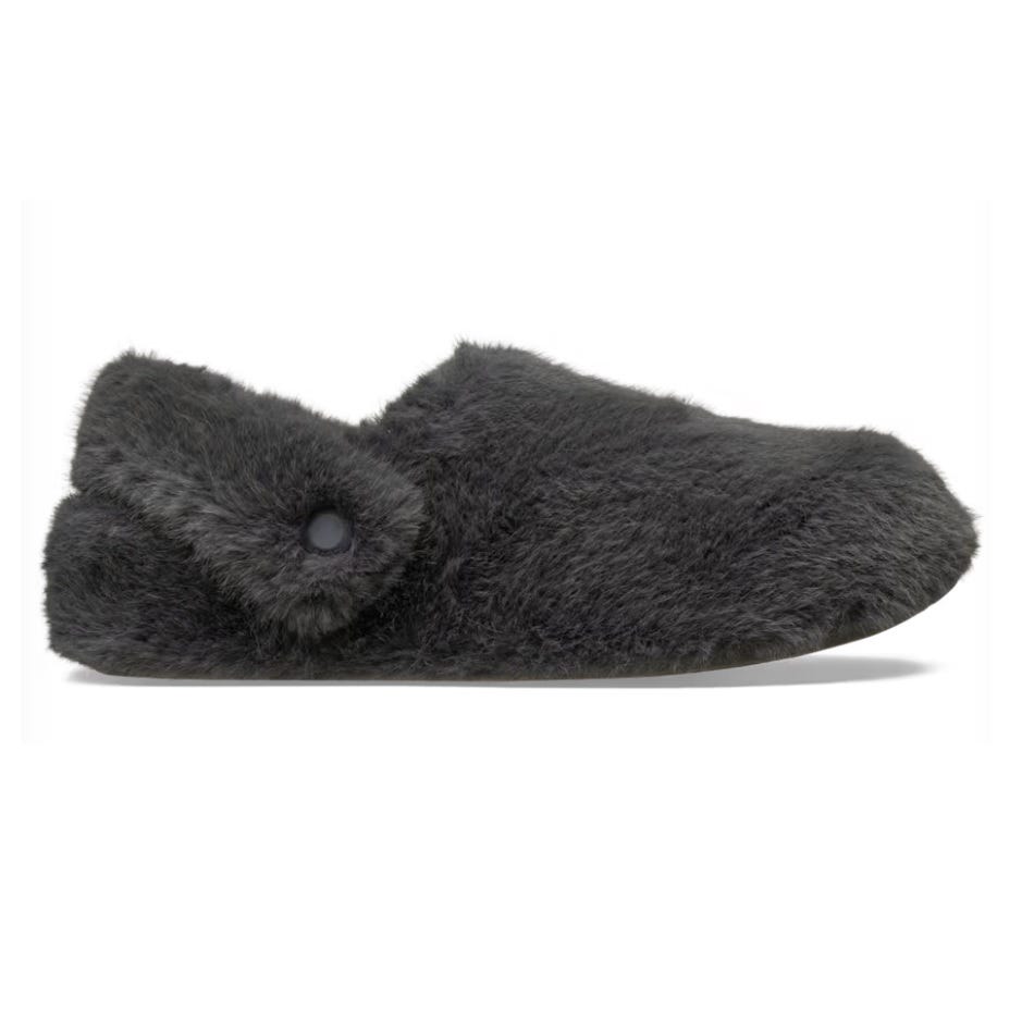 A plush, dark-gray slipper with a fluffy texture and a button detail on the side.