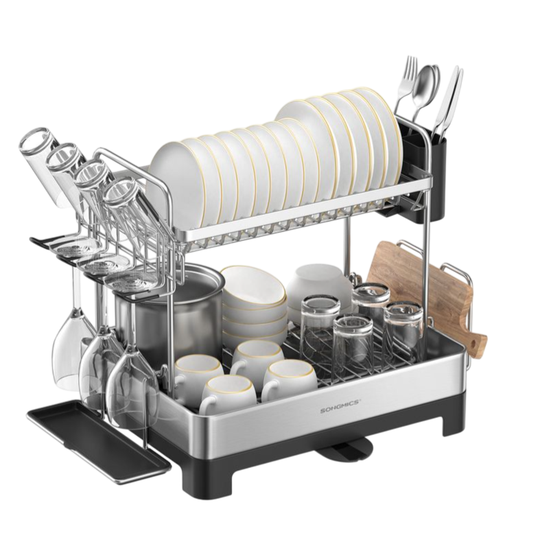 A multi-tier dish drying rack with sections for plates, cups, glasses, and utensils. Includes a side area for cutting boards and features a tray for excess water drainage.