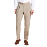 A pair of beige pleated dress pants paired with a white shirt and brown leather loafers.