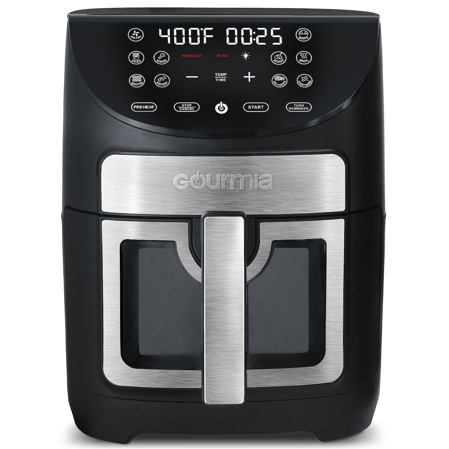 Gourmia air fryer with a digital control panel, displaying 400°F and a 25-minute timer. Features include preset cooking modes and a stainless steel handle.
