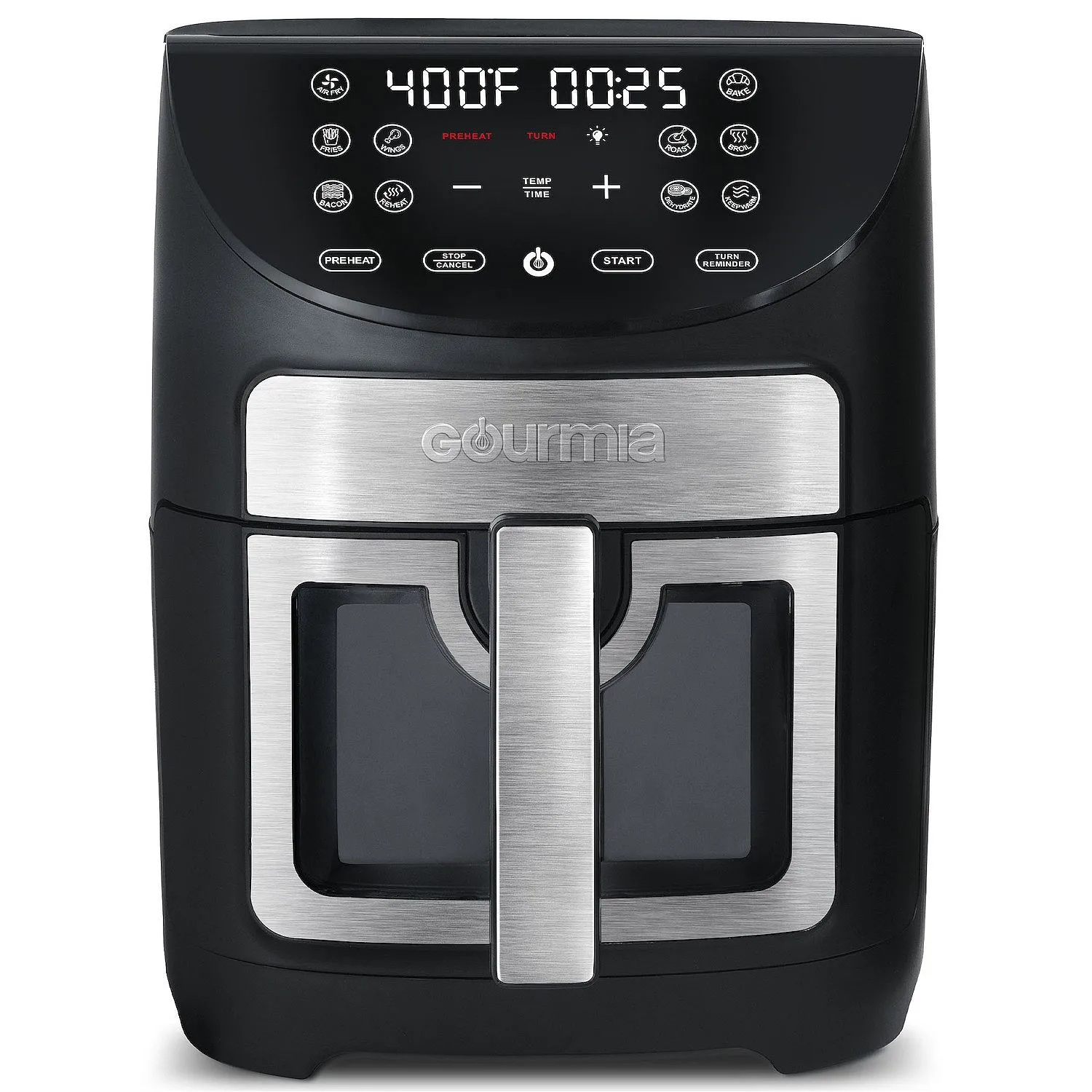 Gourmia air fryer with a digital control panel, displaying 400°F and a 25-minute timer. Features include preset cooking modes and a stainless steel handle.