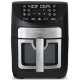 Gourmia air fryer with a digital control panel, displaying 400°F and a 25-minute timer. Features include preset cooking modes and a stainless steel handle.