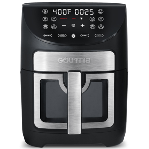 Gourmia air fryer with a digital control panel, displaying 400°F and a 25-minute timer. Features include preset cooking modes and a stainless steel handle.