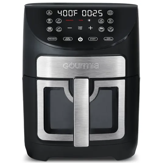 Gourmia air fryer with a digital control panel, displaying 400°F and a 25-minute timer. Features include preset cooking modes and a stainless steel handle.