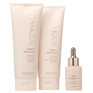 VEGAMOUR GRO+ Advanced set includes a Balancing Shampoo and Conditioner (each 236 mL), and a Hair Serum with a dropper.