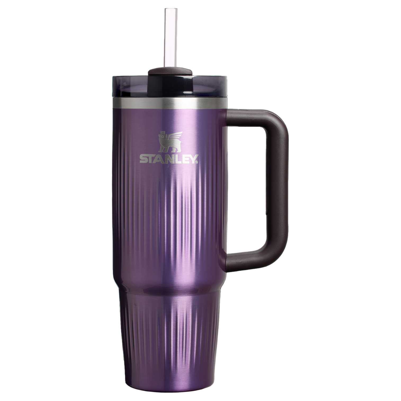 A purple Stanley travel mug with a handle and straw, featuring a ribbed design.