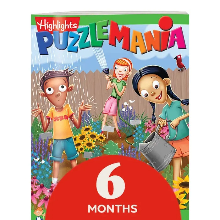 Highlights Puzzlemania offers a six-month subscription featuring colorful illustrations of kids engaging in gardening activities.