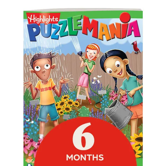 Highlights Puzzlemania offers a six-month subscription featuring colorful illustrations of kids engaging in gardening activities.