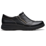 Black leather slip-on shoe with side zipper, decorative stitching, and a cushioned sole for comfort.