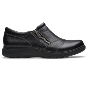 Black leather slip-on shoe with side zipper, decorative stitching, and a cushioned sole for comfort.