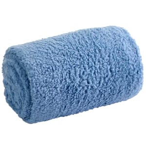 A light blue, fluffy, rolled-up sherpa throw blanket with a soft, textured surface.