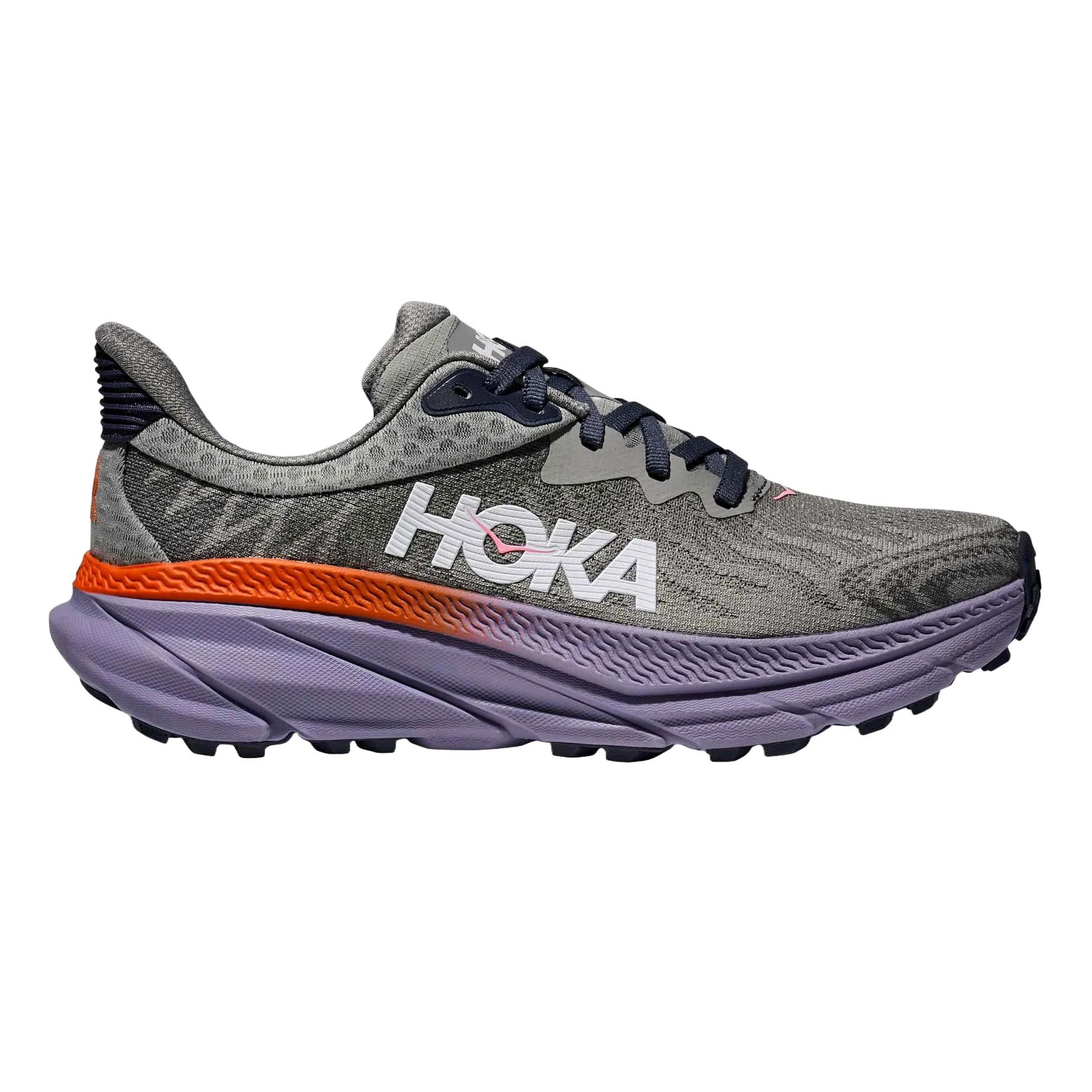 Hoka Women's Challenger 7 Shoes in gray with orange and purple accents, featuring a breathable mesh upper, cushioned midsole, and durable sole with a rugged tread for versatile trail and road running.