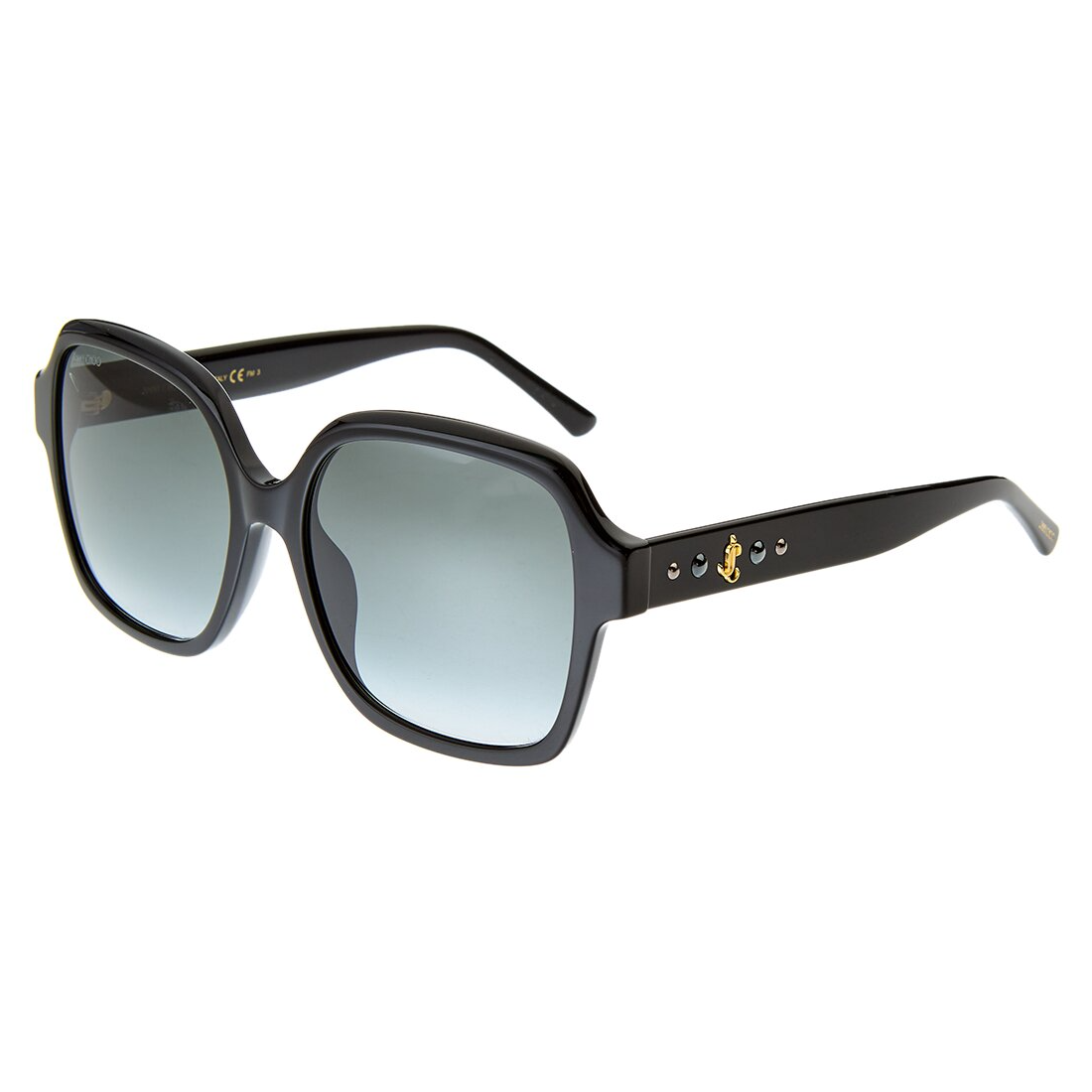 A pair of black sunglasses with tinted lenses and small decorative accents on the sides.